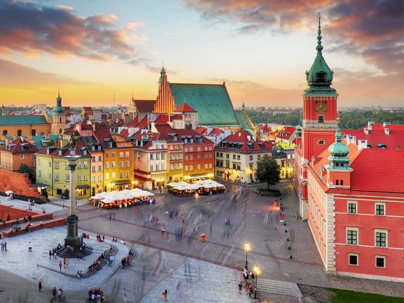 Dusk in Old Town in Warsaw, Poland.