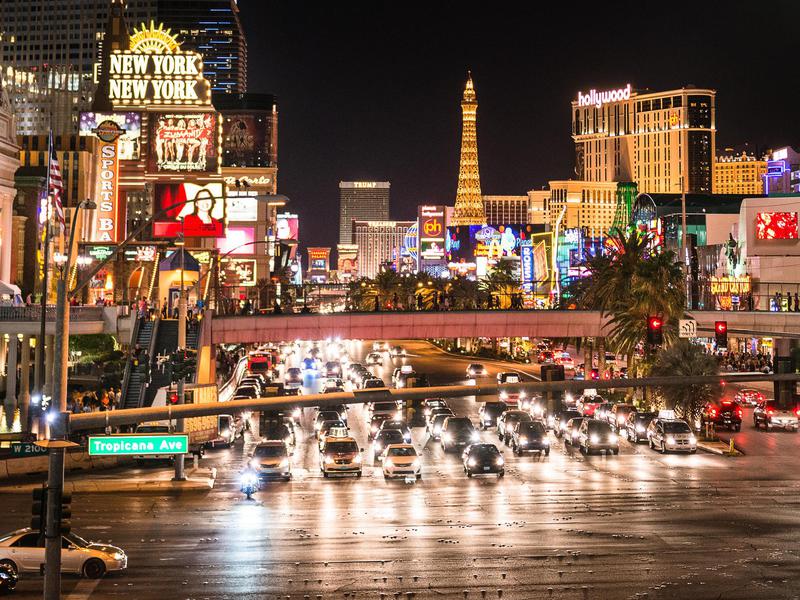 Especially at night, The Strip is overtaken by car and foot traffic.