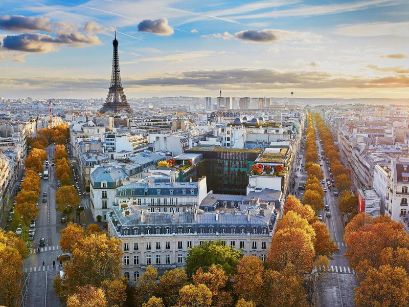 Aerial panoramic cityscape view of Paris, France.