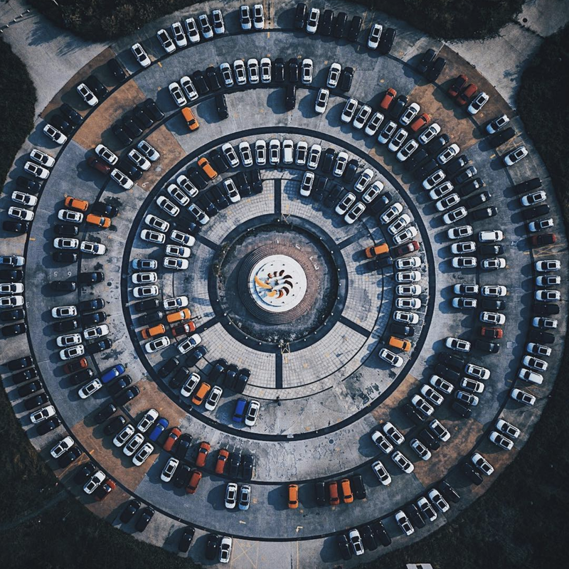 A parking structure, seen from a drone in Guangzhou, reveals the power of circular design.