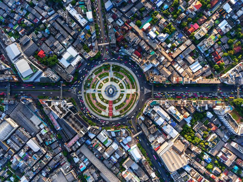 From on high, the vehicles in a Bangkok roundabout look like toy cars.