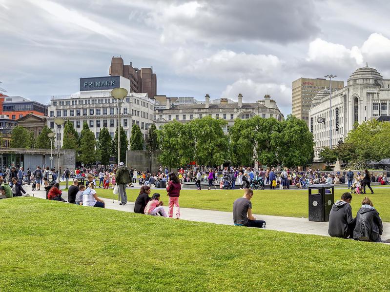 Piccadilly Gardens in the center of Manchester.