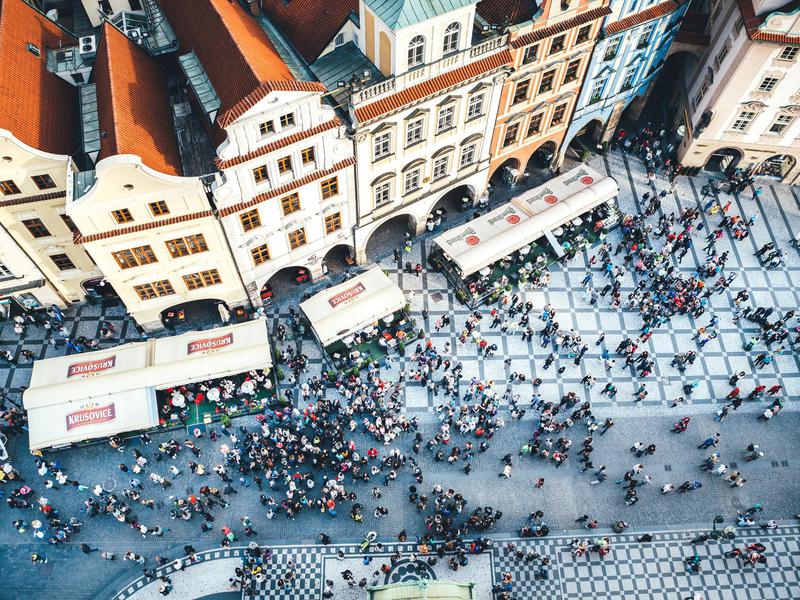 Beer gardens draw the masses to Old Town Square in Prague.