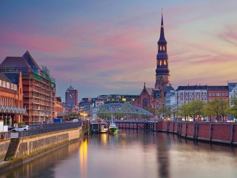 Hamburg at sunset.