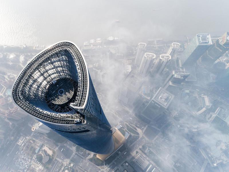 The curving Shanghai Tower, the tallest building in China, soars.