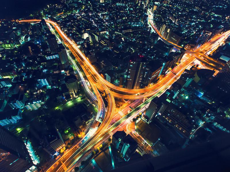 A highway junction in Japan looks particularly impressive at night from the sky.