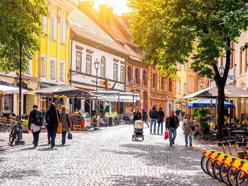 The main pedestrian street with cafes and bars in the old town of Vilnius, Lithuania.